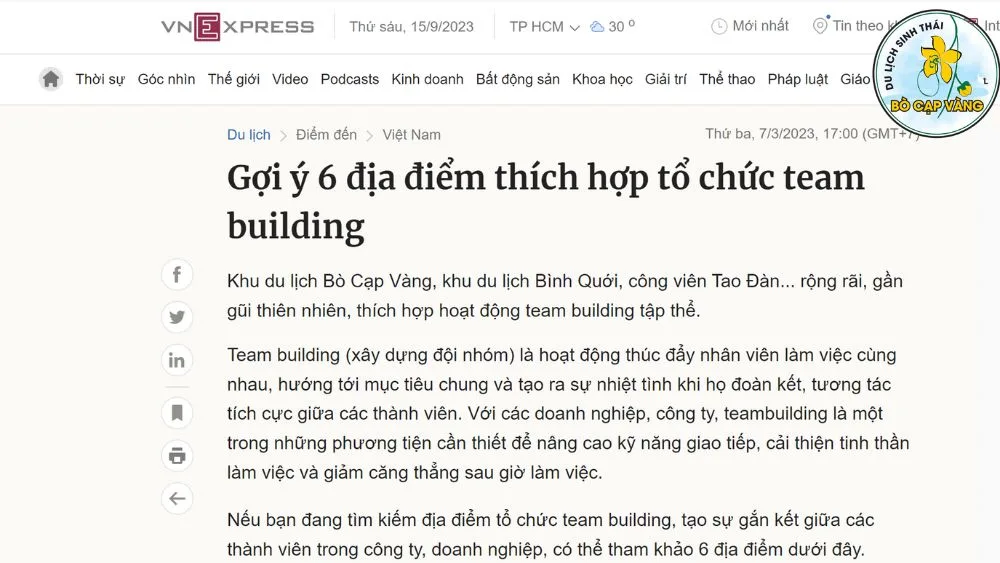 VNEXPRESS: “Gợi ý 6 địa điểm thích hợp tổ chức team building”.