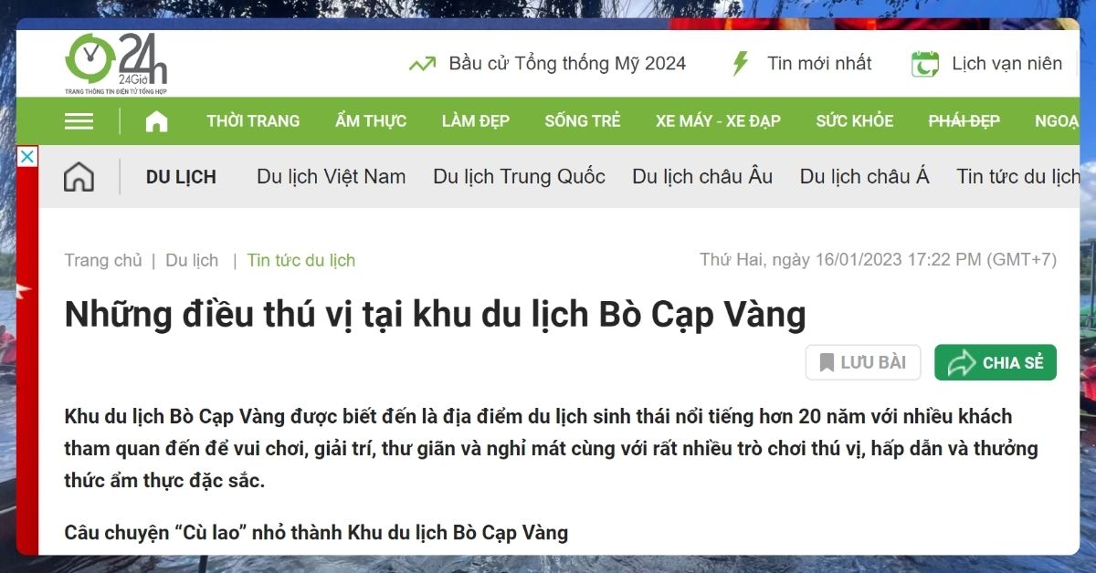 Bài viết “ Những điều thú vị tại khu du lịch Bò Cạp Vàng” trên báo 24h